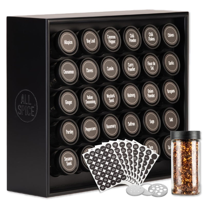 AllSpice Spice Rack Organizer, Wood, 525 Unique Labels, Countertop or Wall Mount, Includes 30 4oz Jars- Matte Black - Image 1